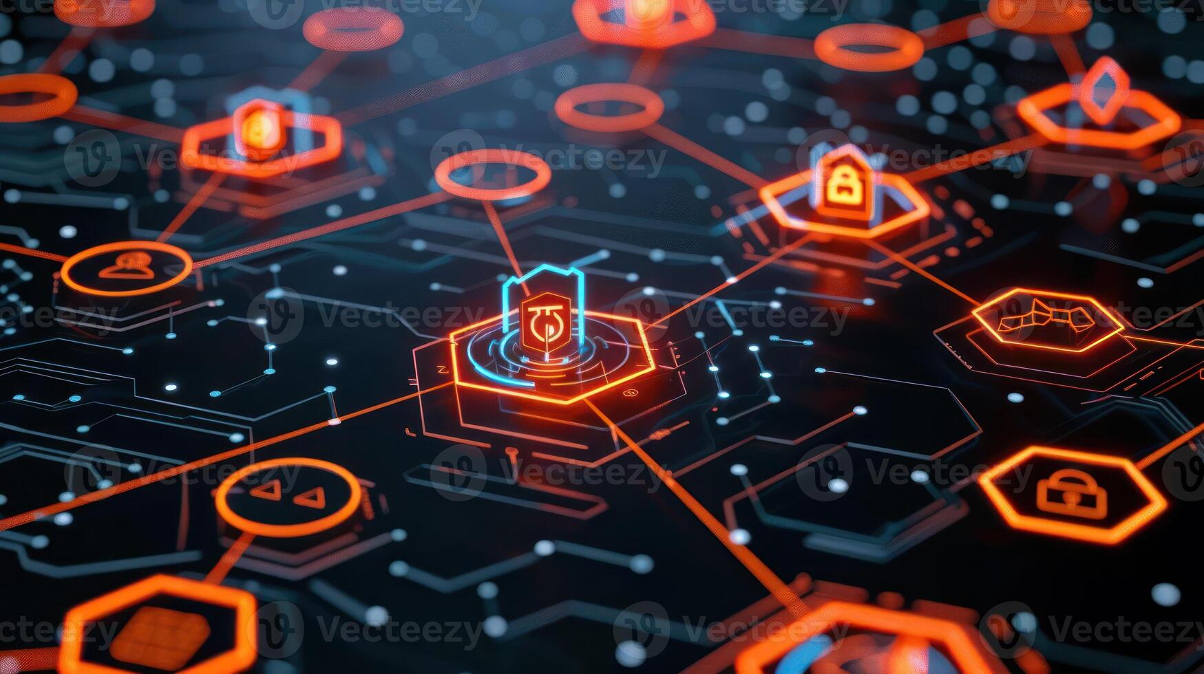 Abstract digital network visualization with interconnected nodes and security icons, highlighting technology photo
