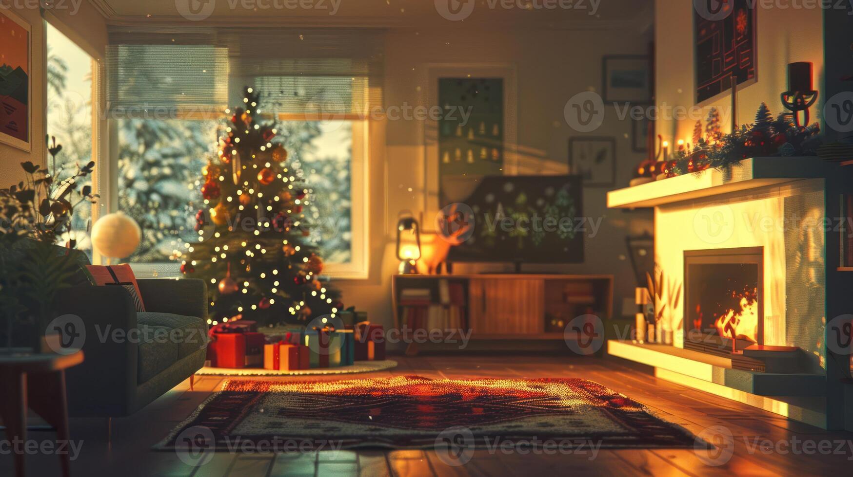 Cozy living room adorned for Christmas with a decorated tree, fireplace, and snowy view outside photo