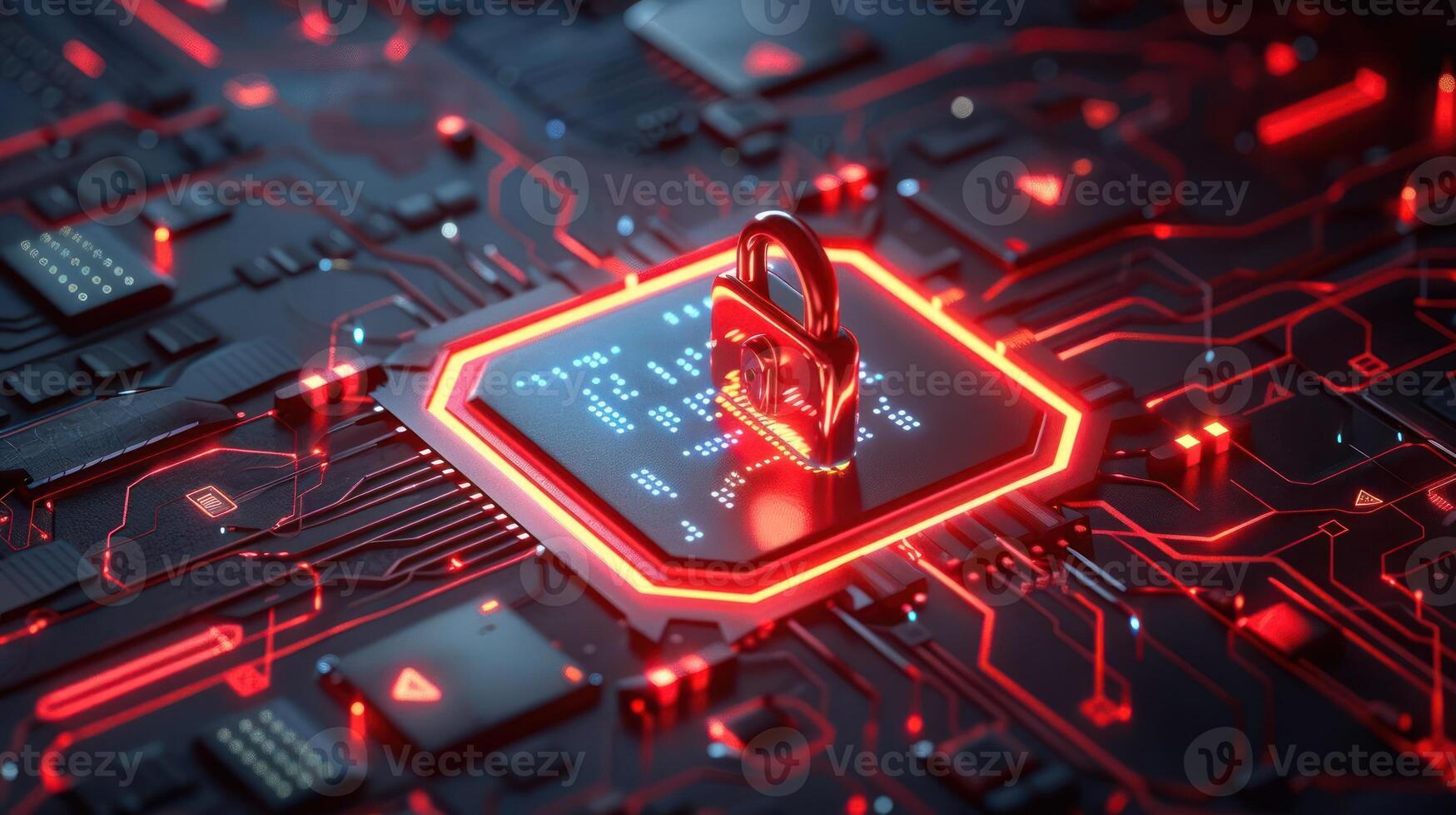 Close-up of a glowing padlock on a circuit board, symbolizing cybersecurity and technology photo