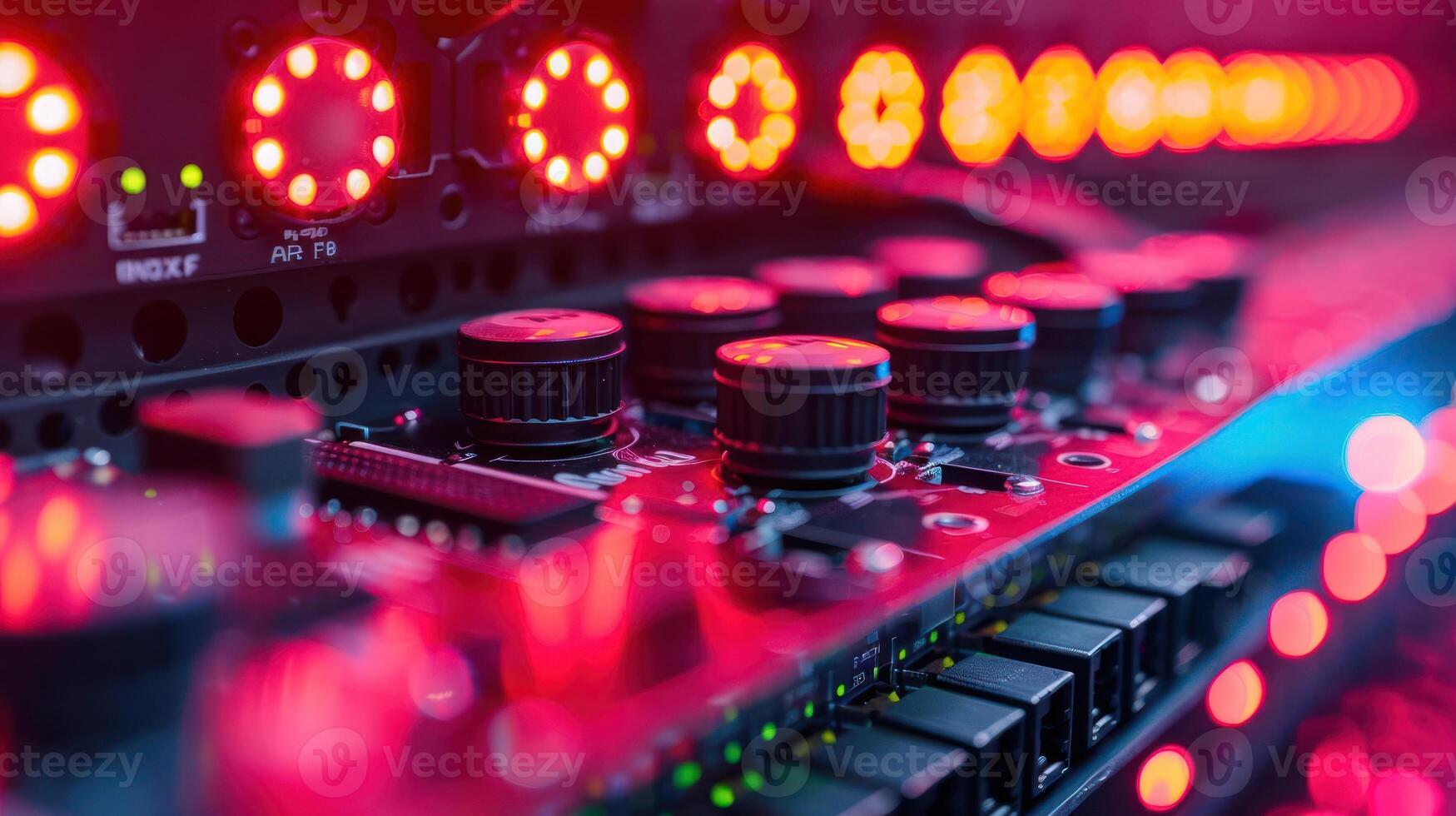 Close-up of illuminated audio equipment with vibrant red lights and knobs in a studio setting photo