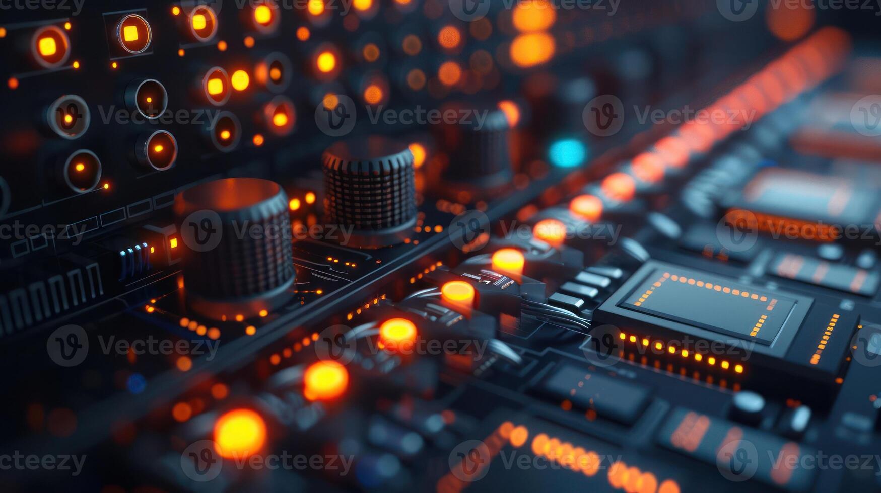 Close-up view of a futuristic sound mixer with glowing controls in a dimly lit studio environment photo