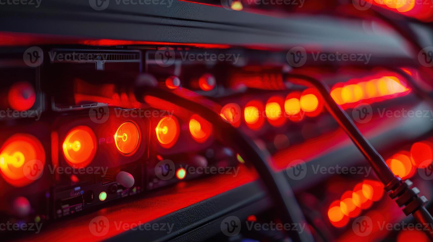 Close-up of illuminated server rack showcasing red lights and connected cables in a data center photo