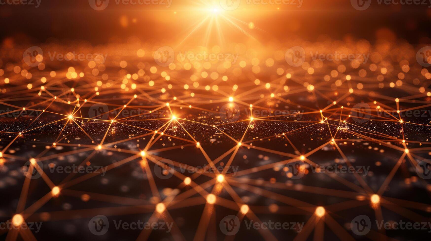 Glowing network connections on a dark surface with a bright sunrise in the background photo
