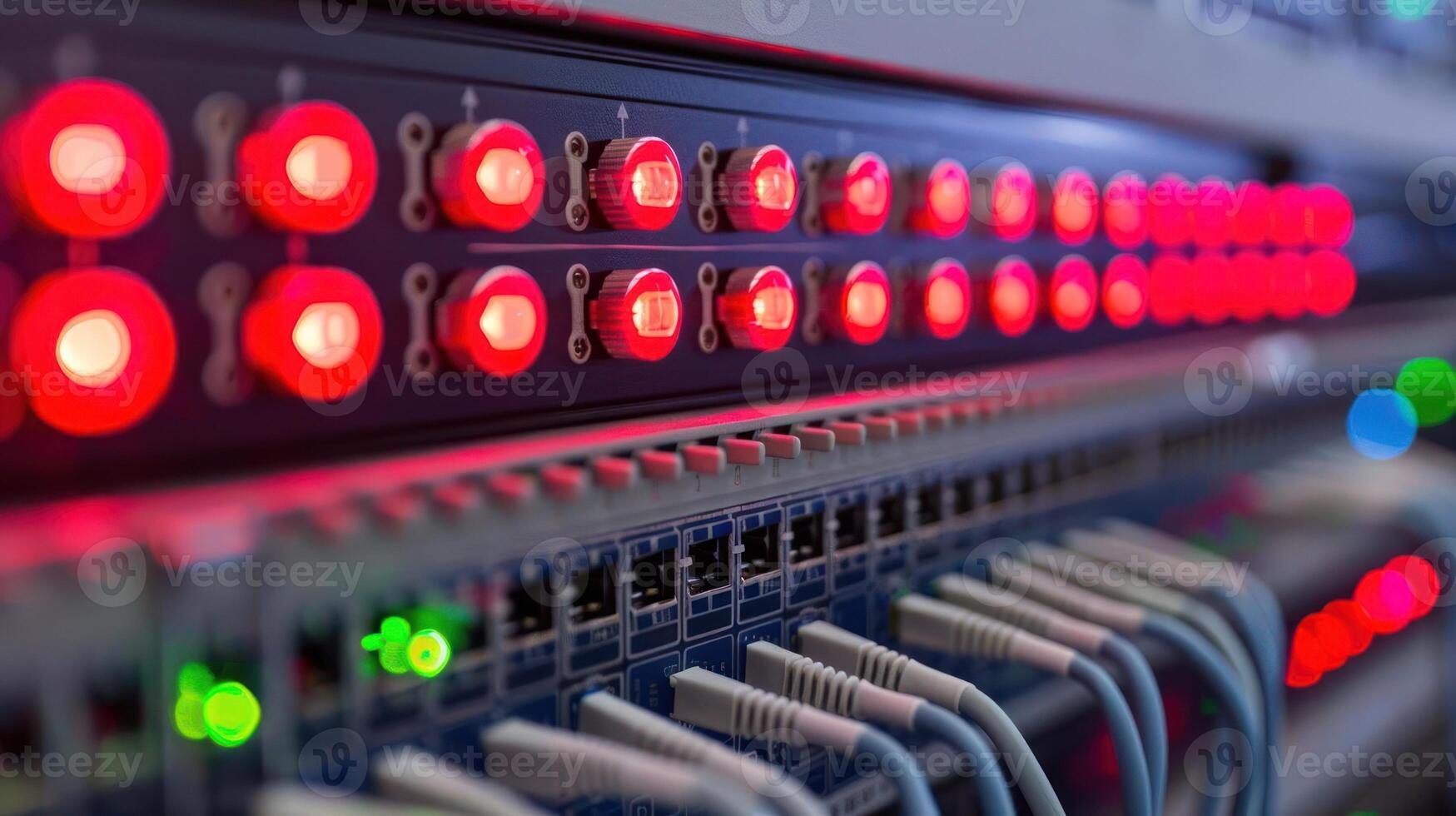 Close-up of illuminated network switches and cables in a data center, showcasing technology in action photo