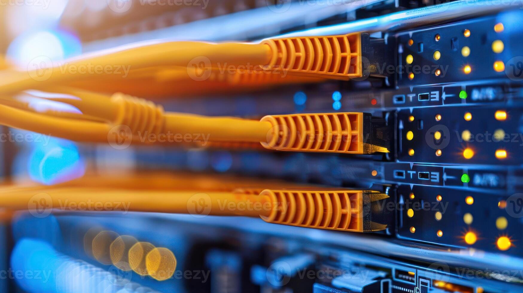 Close-up of network cables connected to a server, illuminated by LED lights in a data center photo