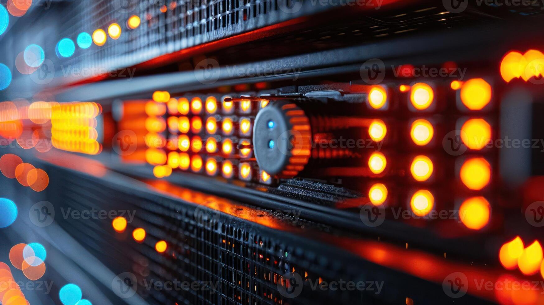 Close-up of illuminated server rack showcasing vibrant lights and intricate wiring in a data center photo