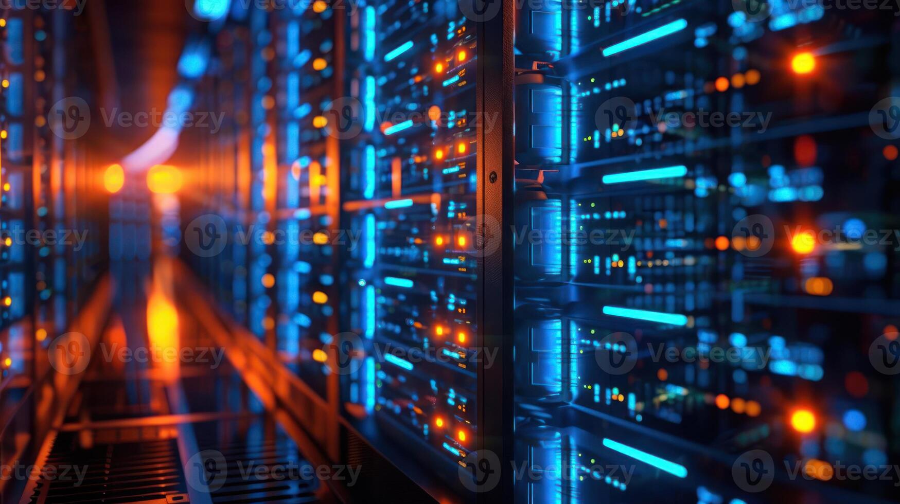 Futuristic data center with glowing servers and vibrant lights, showcasing technology in action photo