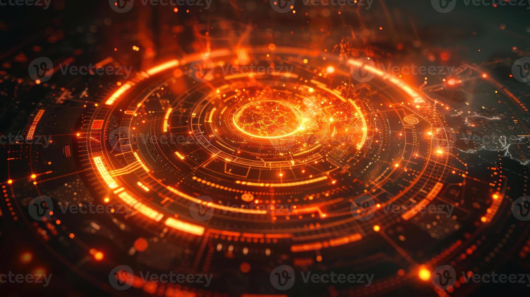 Futuristic digital interface with glowing orange patterns and energy swirling in the center photo