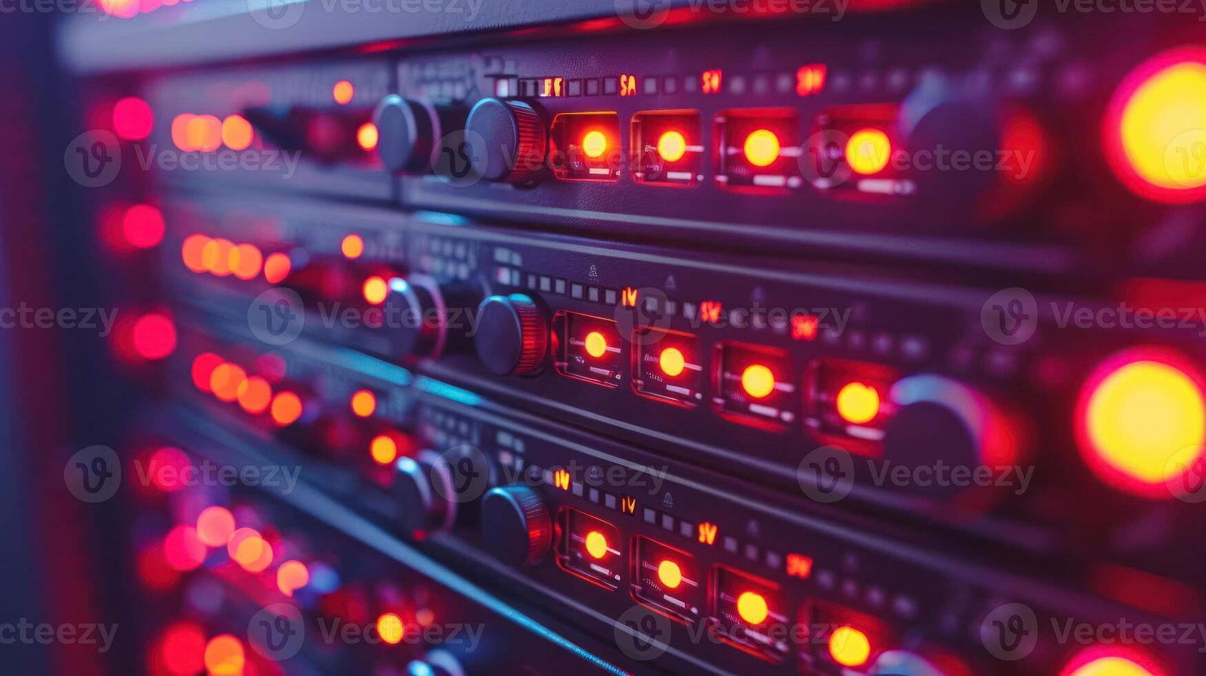 Close-up of illuminated server racks showcasing vibrant red lights in a data center environment photo