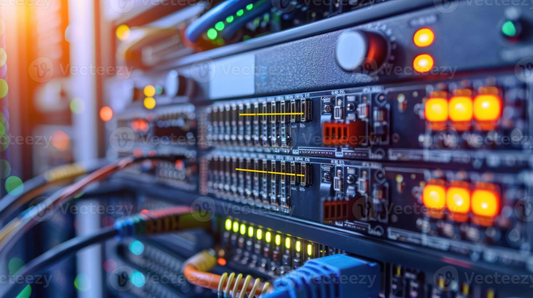 Close-up of a server rack with illuminated indicators and colorful cables in a data center photo