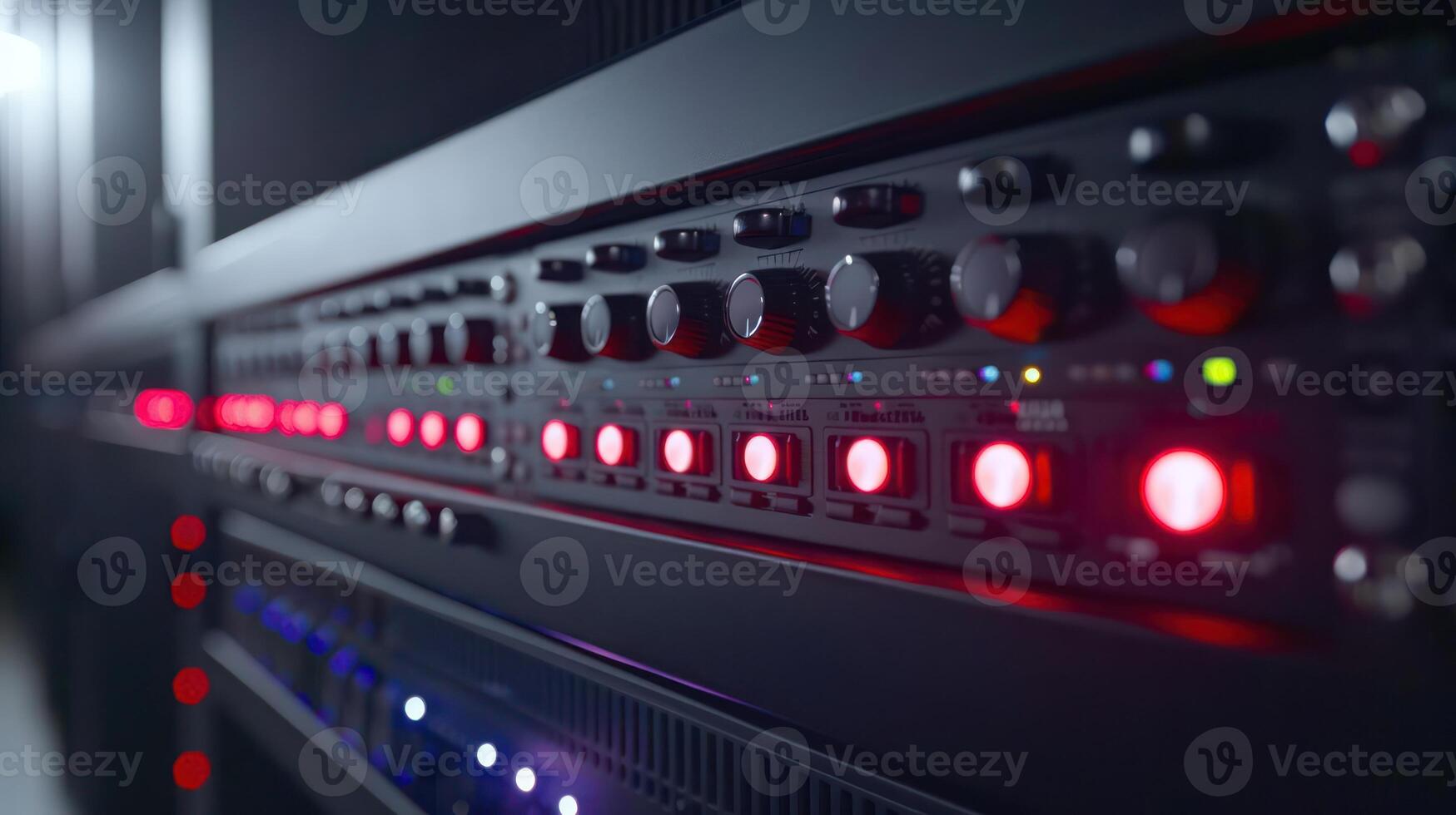 Close-up view of illuminated control panel with buttons and indicators in a server room photo