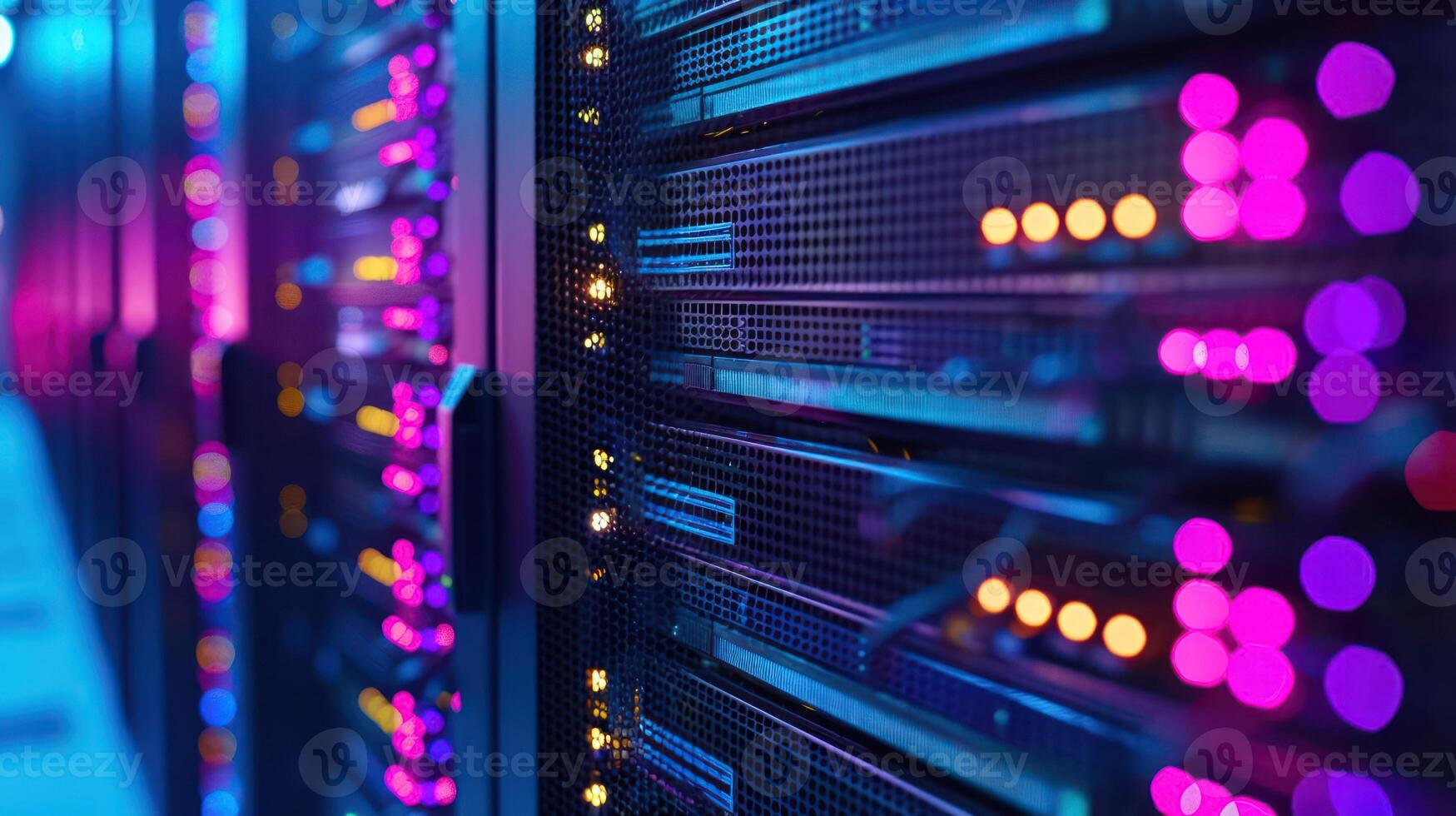 Close-up view of illuminated server racks in a data center with colorful lights and cables photo