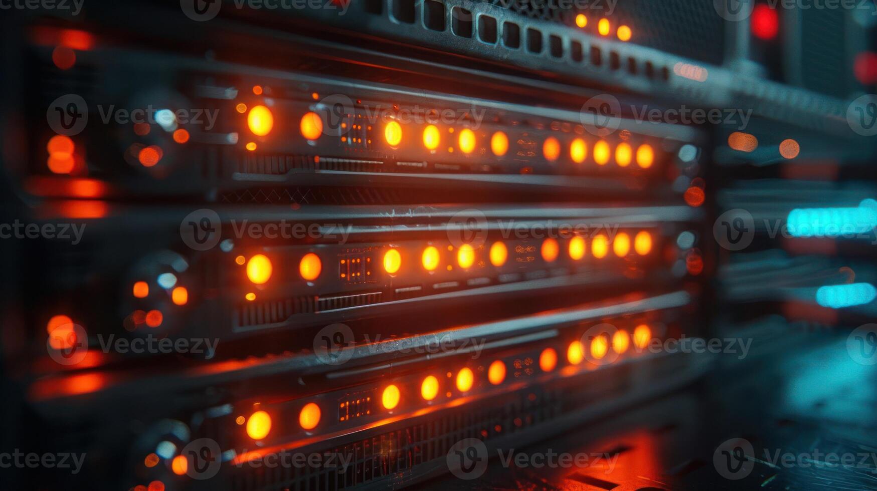 Close-up view of illuminated server racks showcasing data processing in a tech environment photo