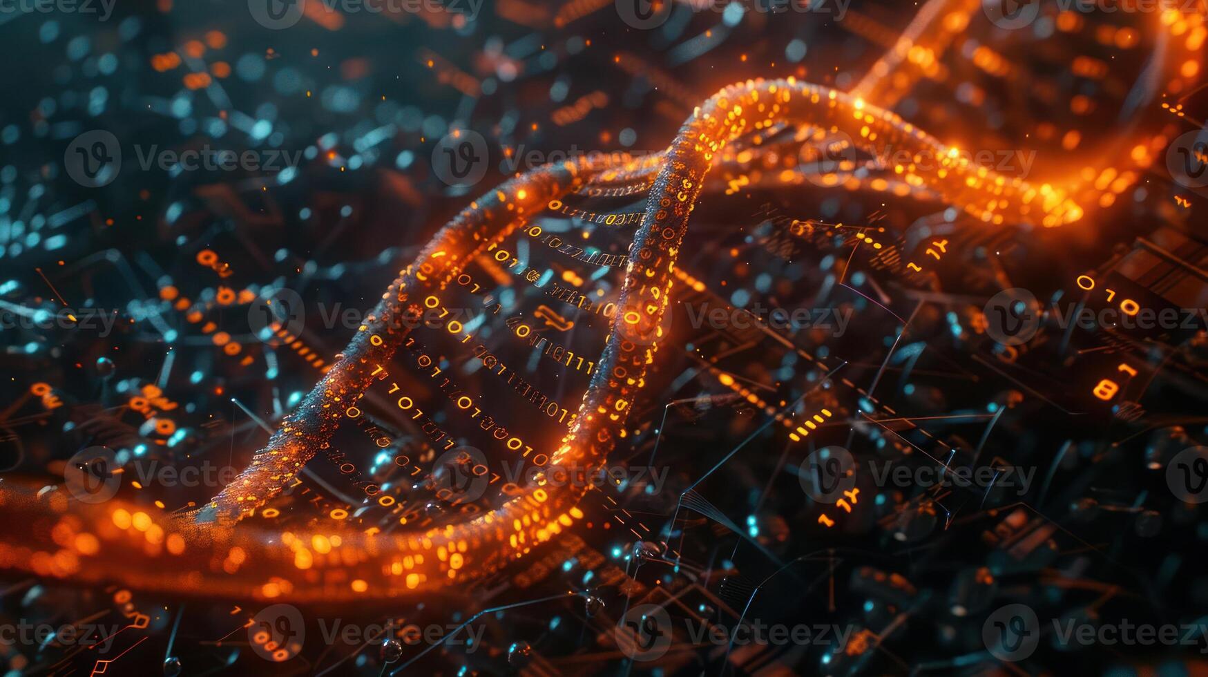 Abstract representation of a glowing DNA strand intertwined with digital data patterns in a futuristic setting photo
