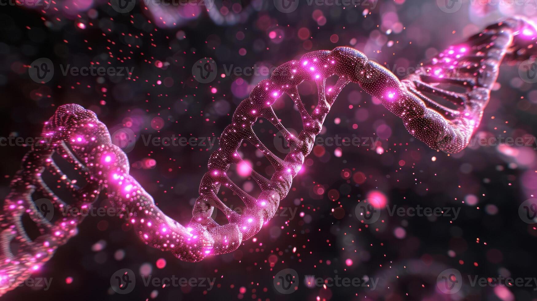 Abstract visualization of a DNA double helix with glowing particles in a dark background photo