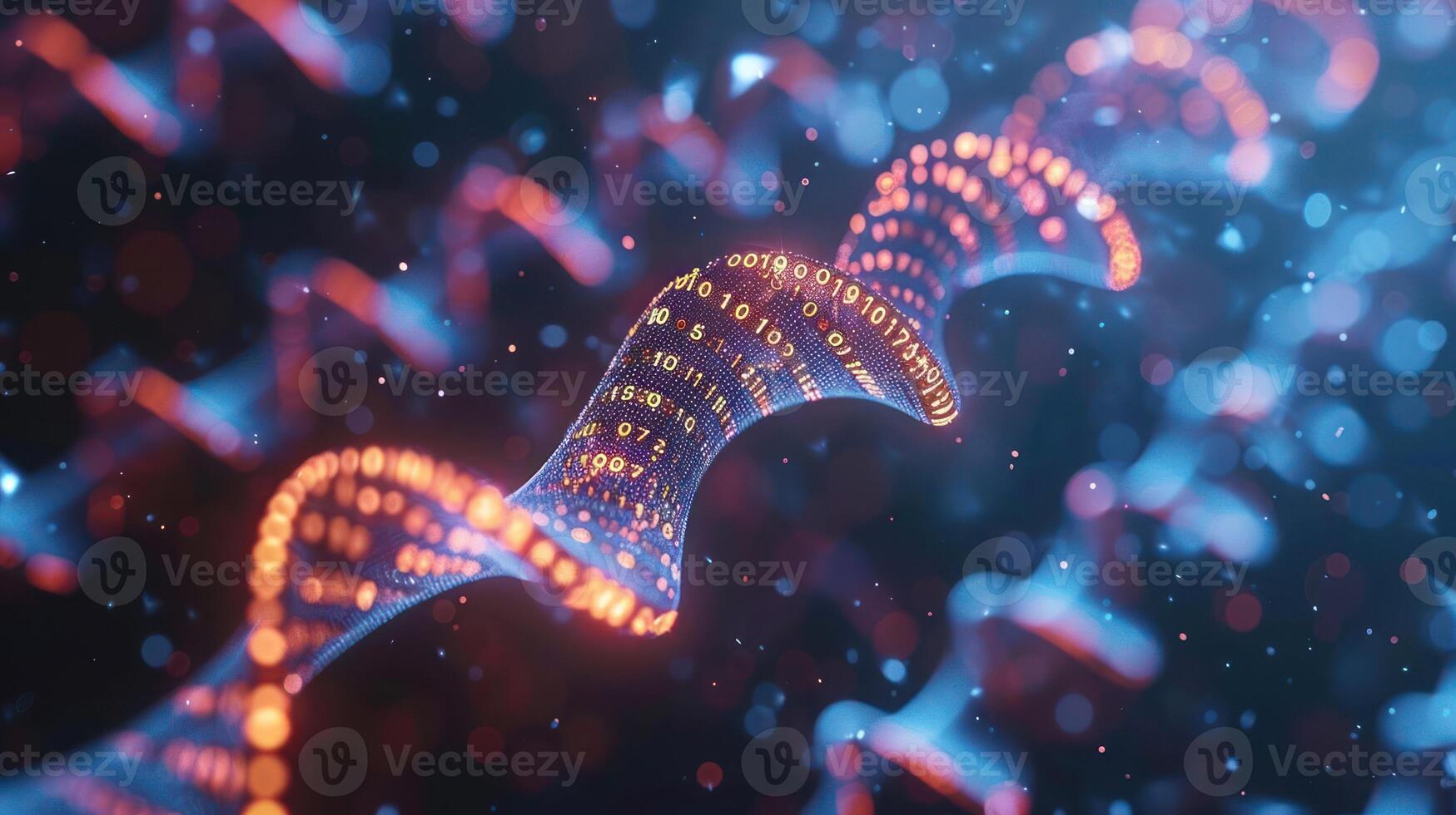 Abstract representation of a DNA double helix with glowing particles in a cosmic background photo