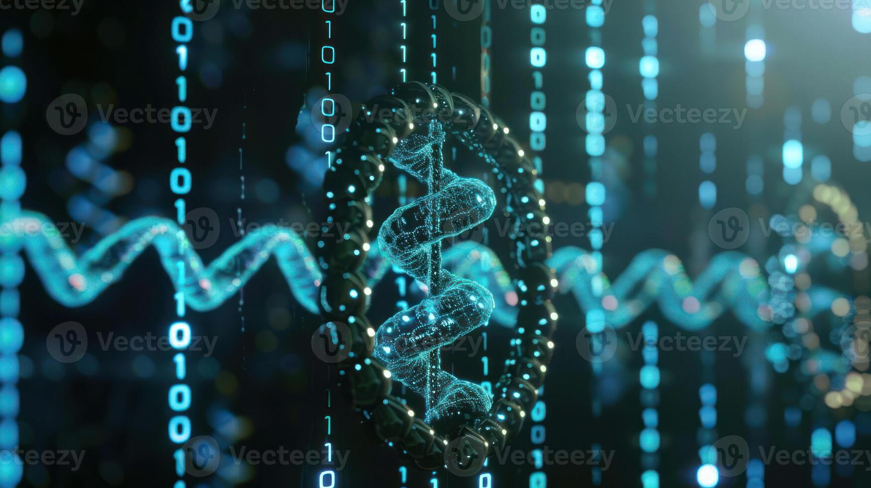 Futuristic representation of DNA strands intertwined with binary code in a digital environment photo