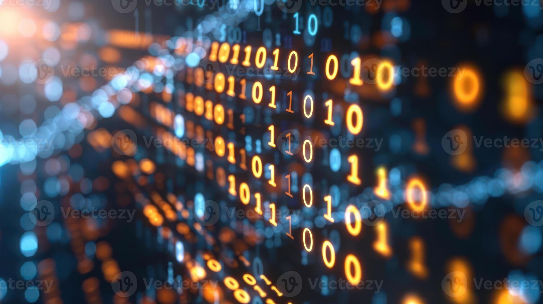 Abstract representation of binary code flowing through a digital landscape with glowing elements photo