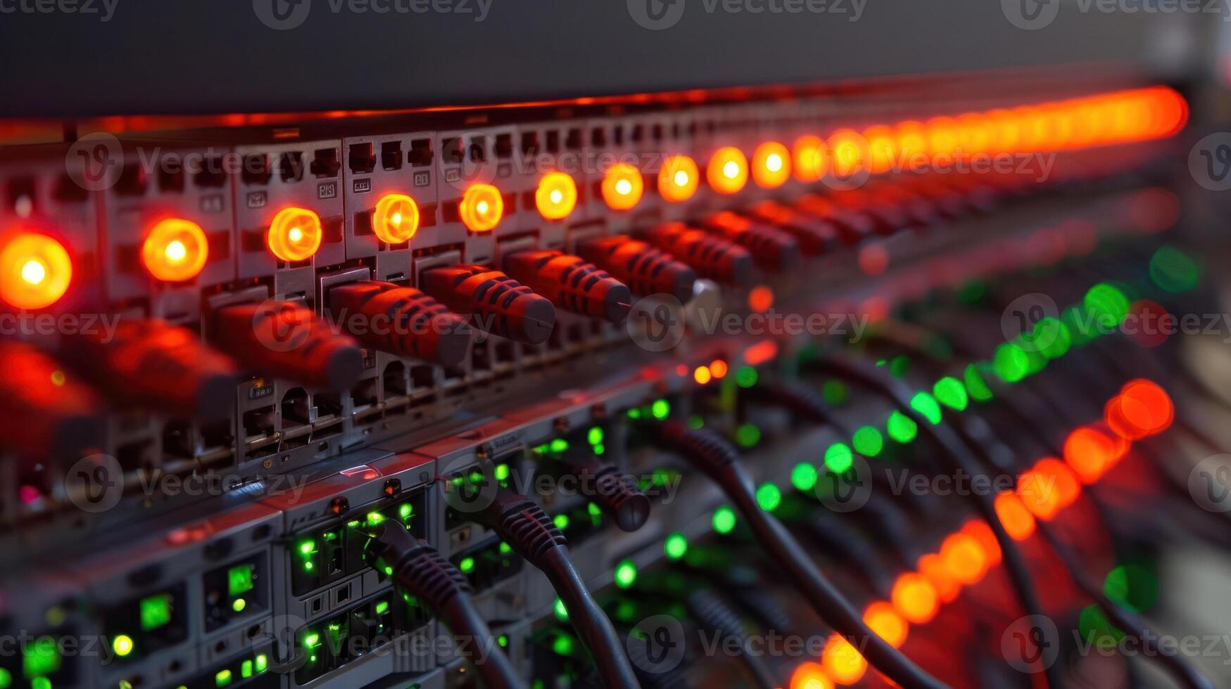 Close-up of illuminated network switches with vibrant LED indicators in a data center environment photo