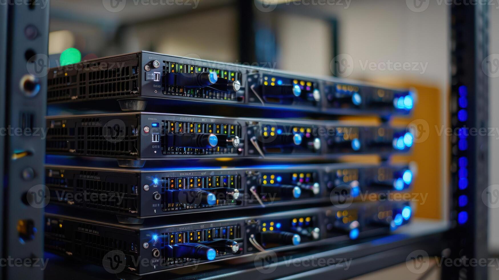 Close-up view of stacked server racks in a data center, highlighting operational indicators and cooling photo