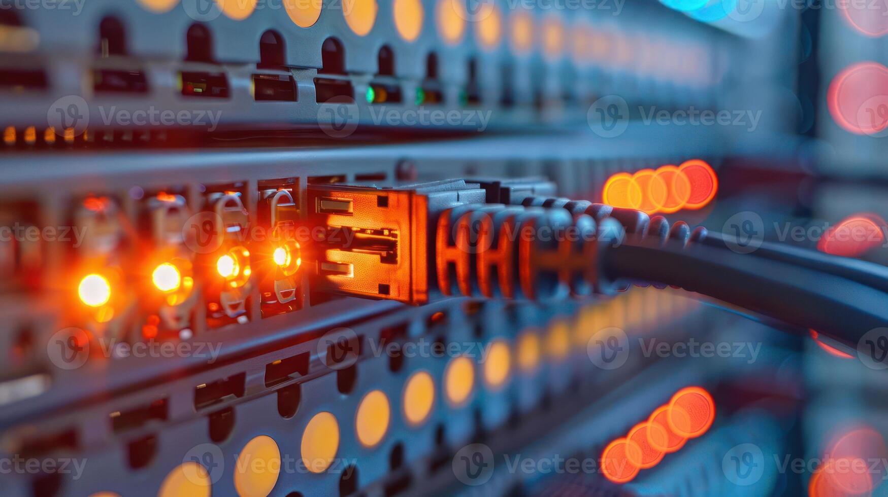 Close-up of glowing network cables connected to a server, showcasing data transfer in a tech hub photo