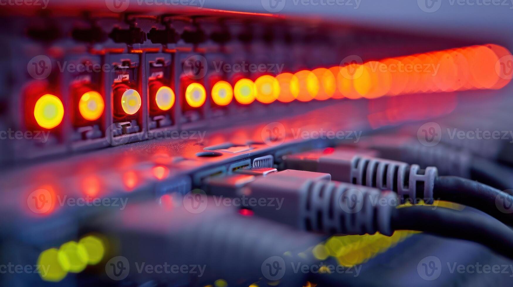 Close-up view of illuminated network switches and cables in a data center environment photo