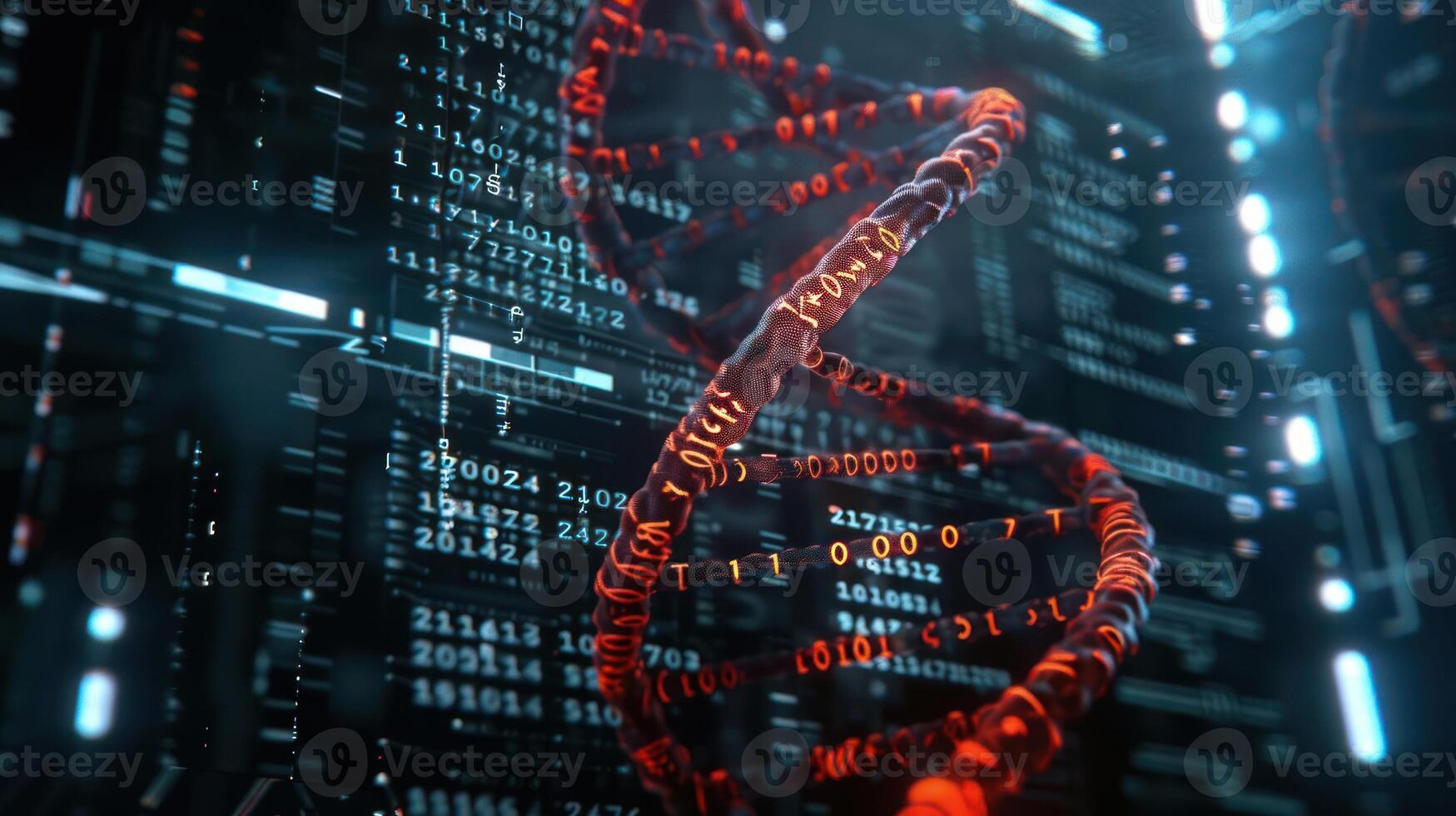 Abstract representation of DNA structure intertwined with digital data and technology background photo