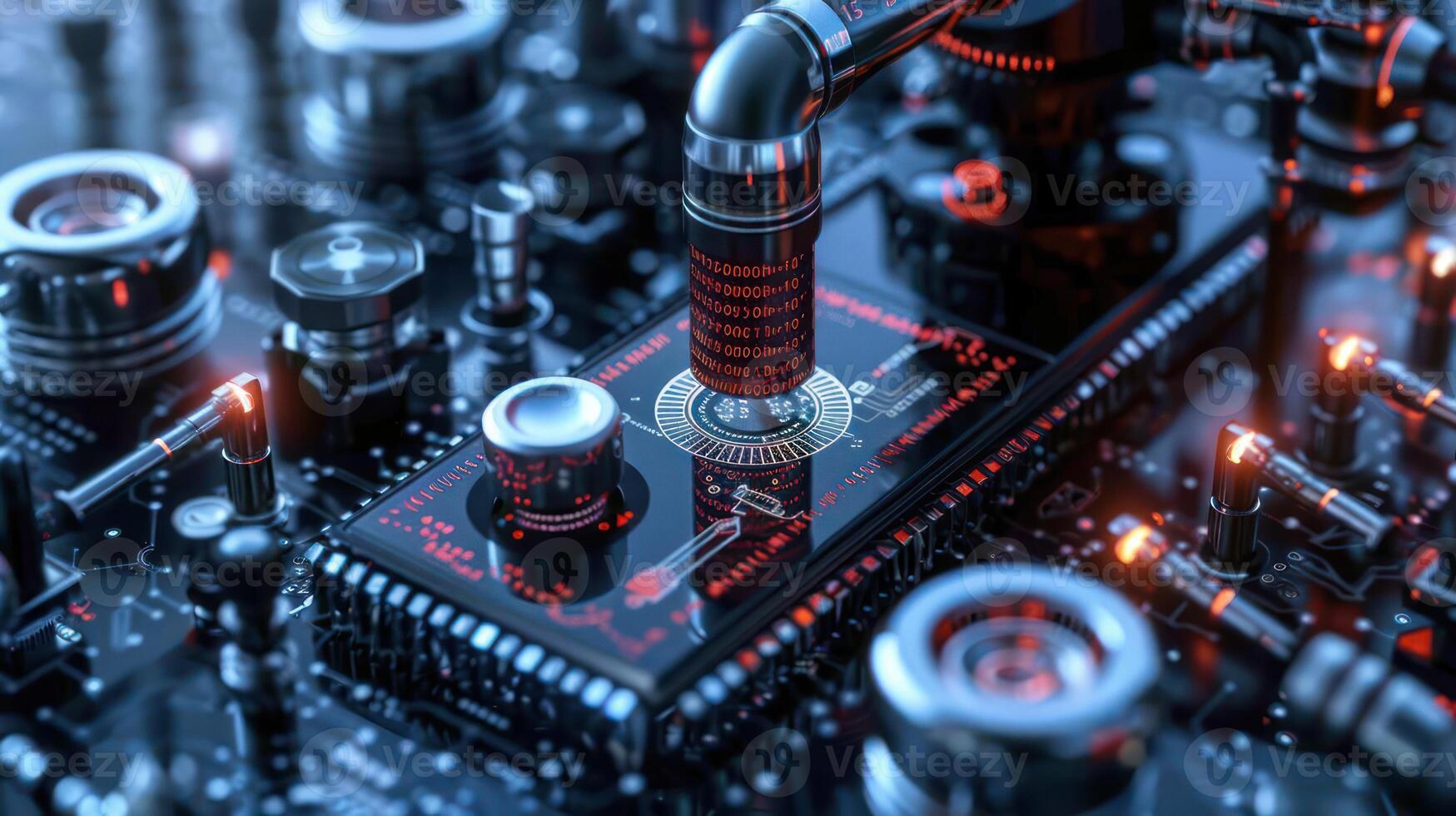 Intricate close-up of a futuristic circuit board with glowing components and advanced technology photo
