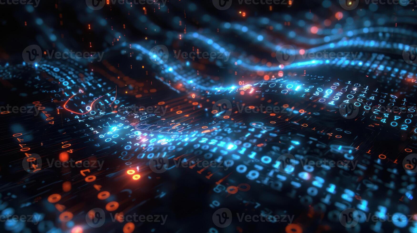 Abstract representation of digital data flow with glowing binary code in a dark environment photo