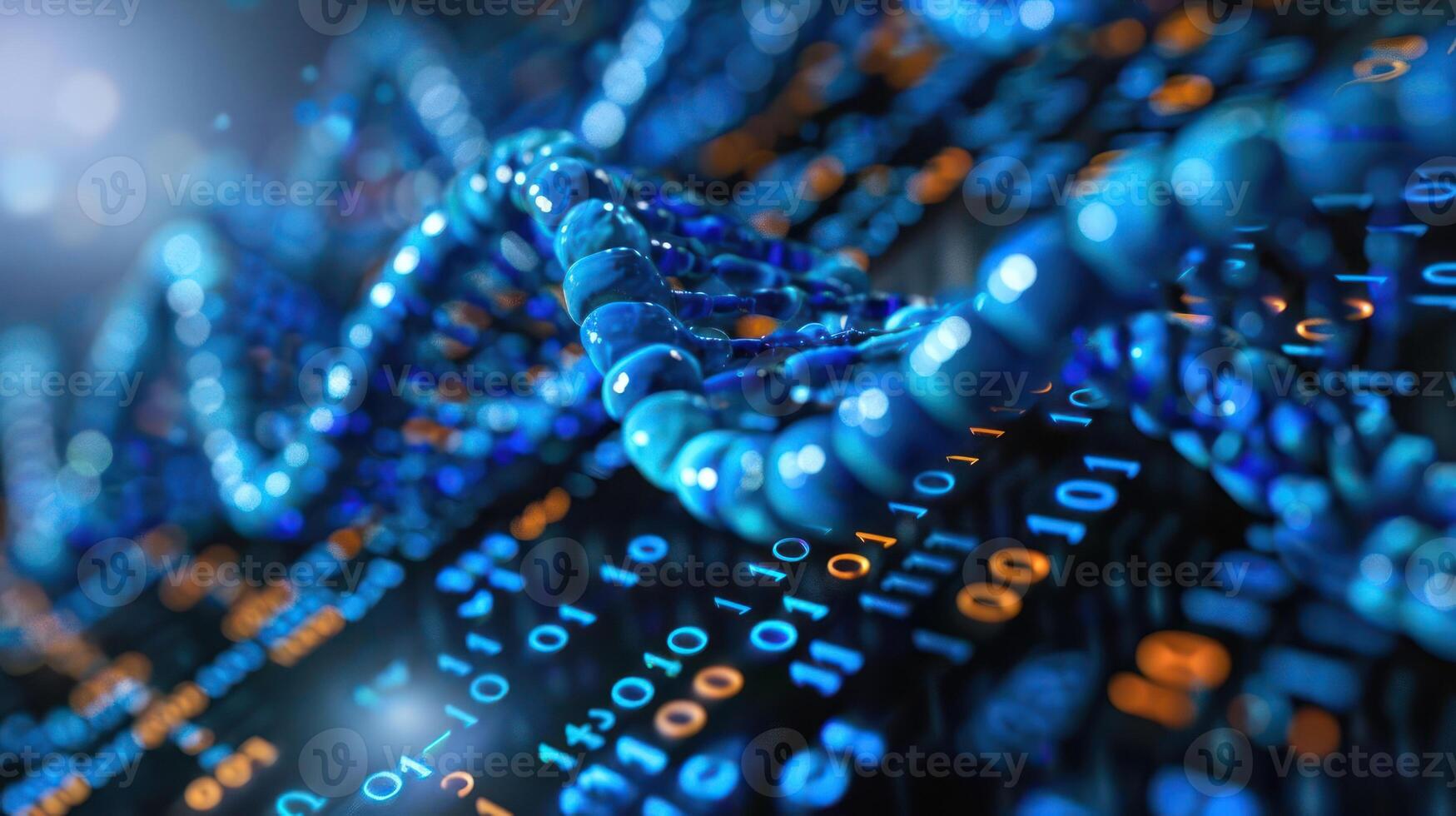Abstract representation of digital data flow with blue and orange binary code in a futuristic setting photo