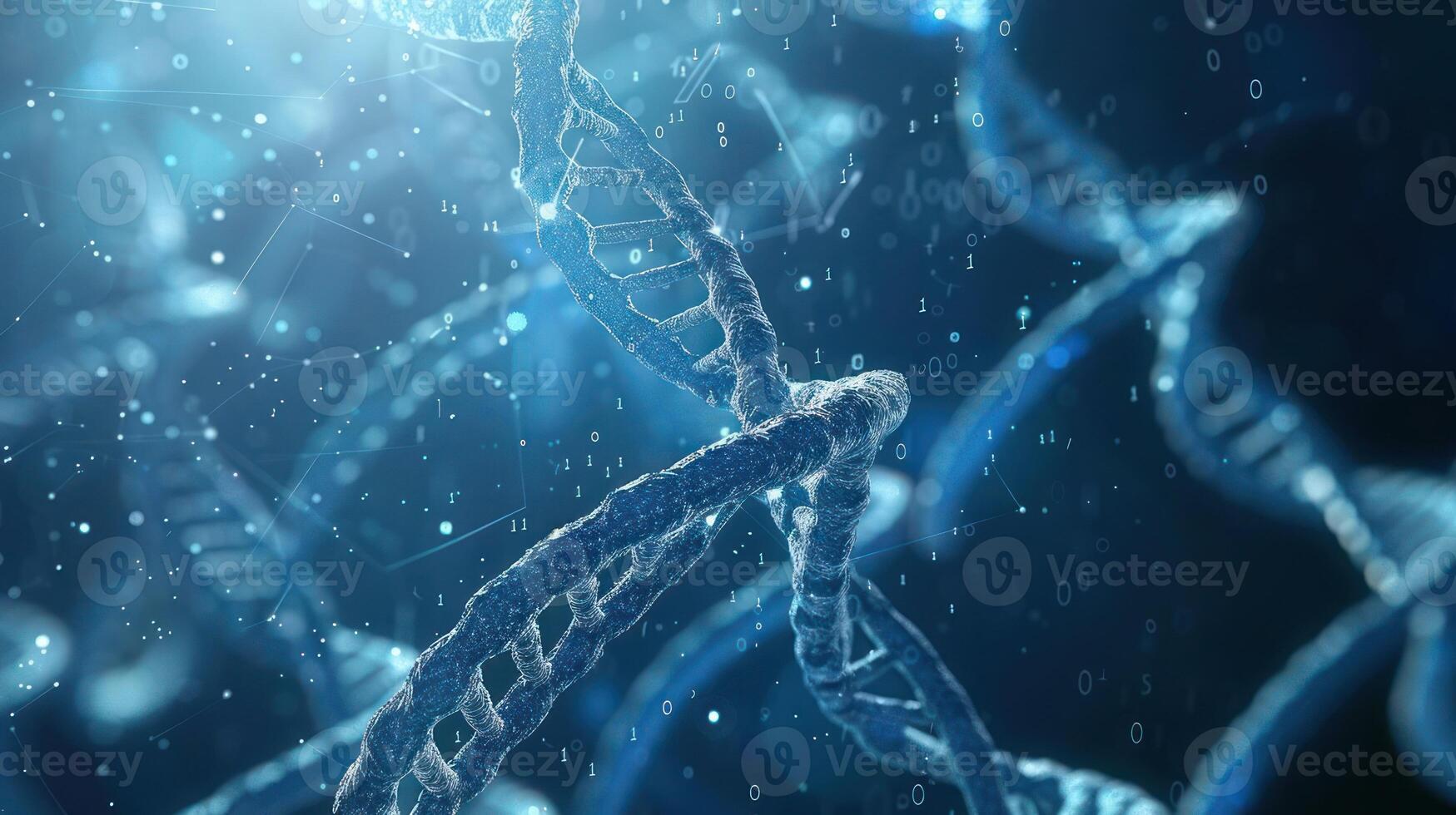 Close-up view of intertwined DNA strands in a blue digital environment with floating data elements photo