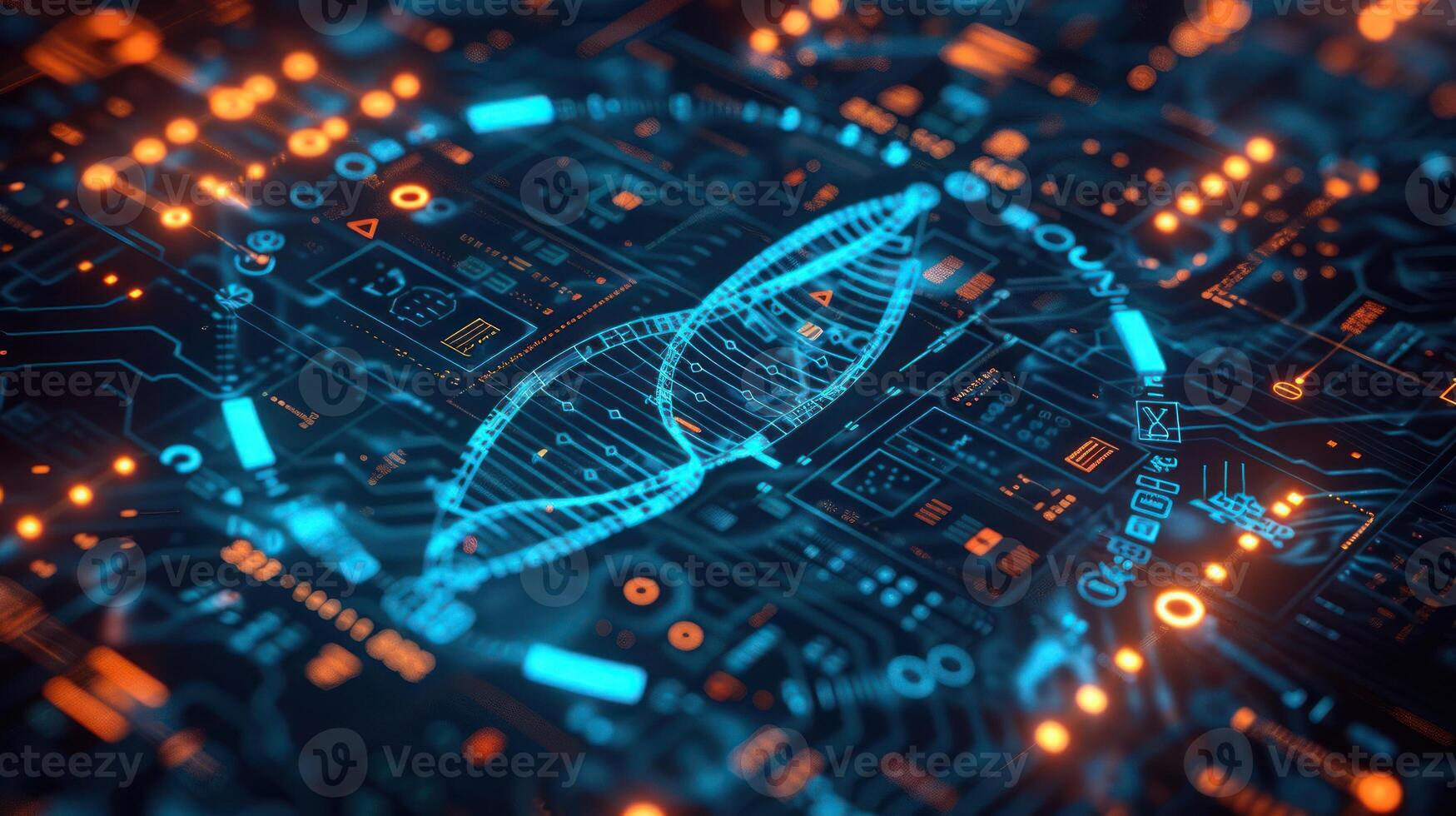 Abstract digital representation of DNA structure overlaid on a futuristic circuit board background photo