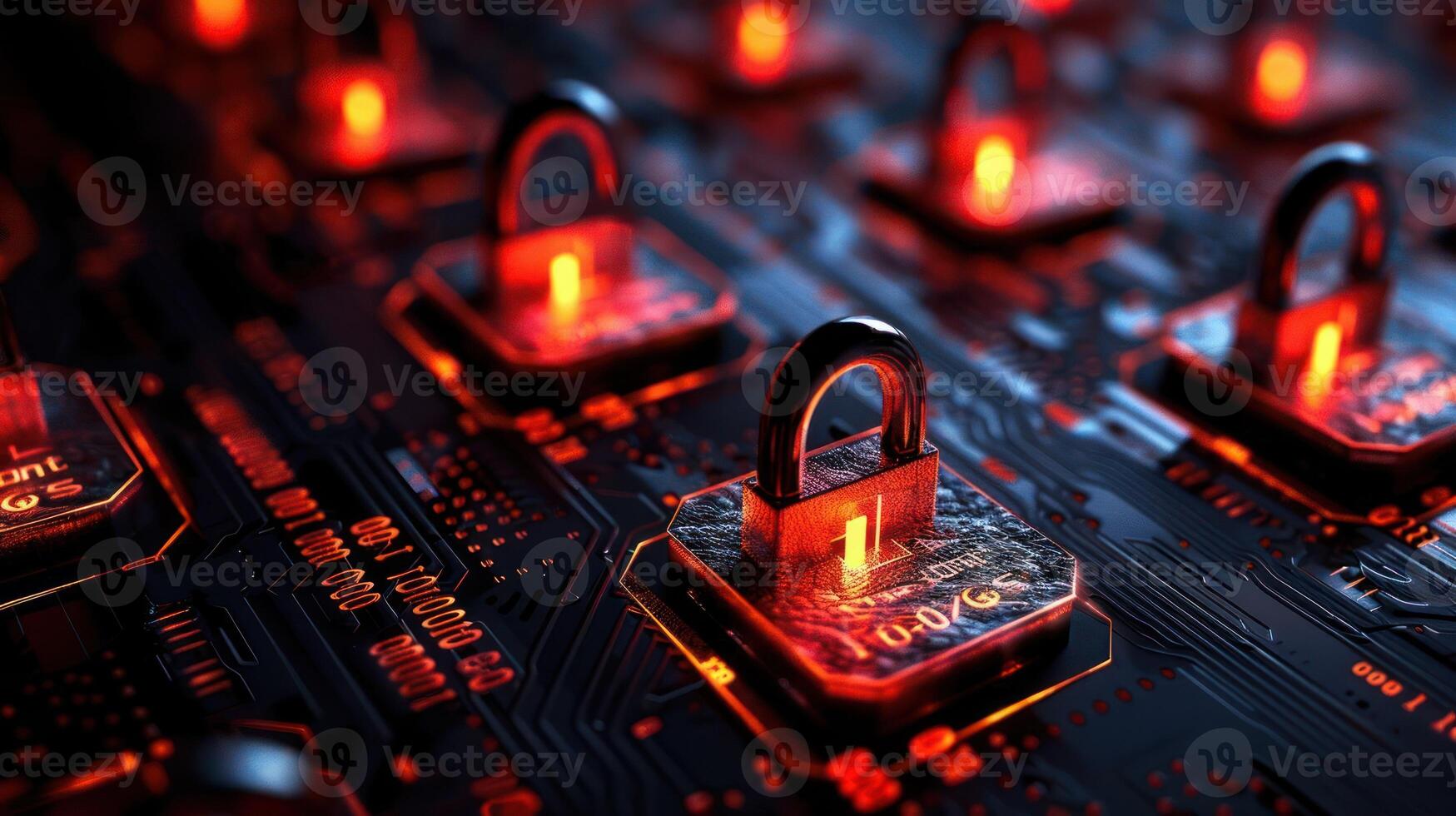 Close-up of glowing digital locks on a circuit board, symbolizing cybersecurity and protection photo
