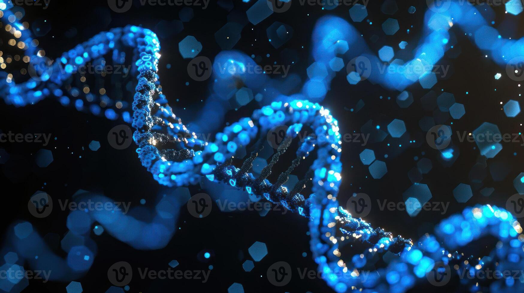 Abstract representation of DNA structure with glowing blue particles on dark background photo