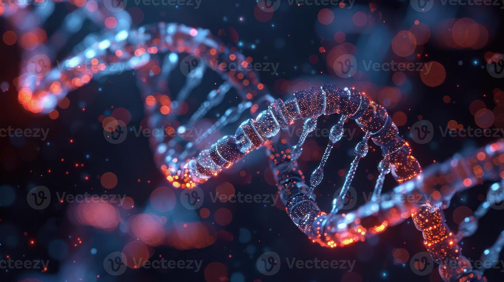 Abstract representation of a DNA double helix with glowing elements and colorful bokeh background photo