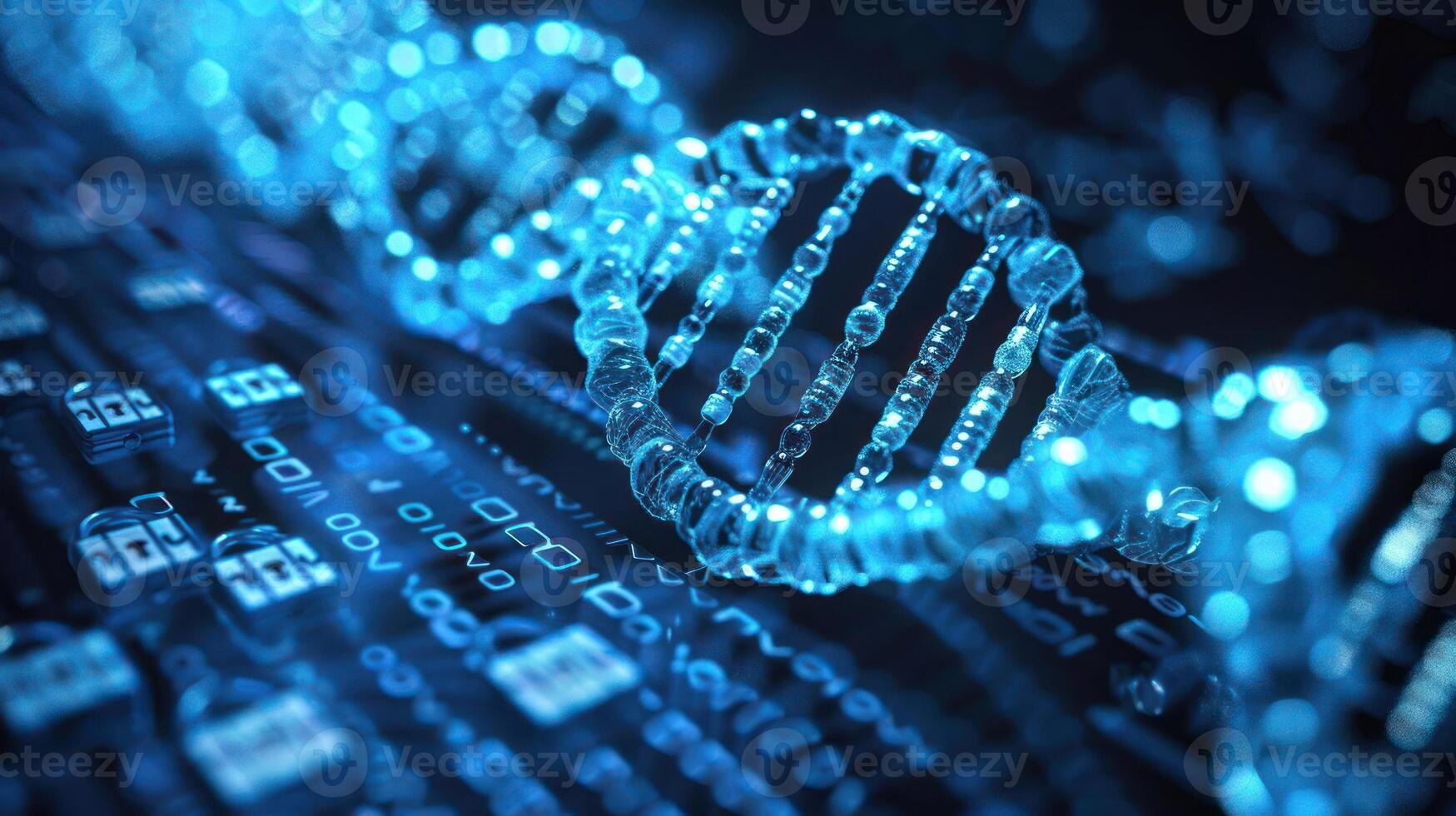 Illuminated DNA strands intertwined over a digital matrix, symbolizing genetic research and technology photo