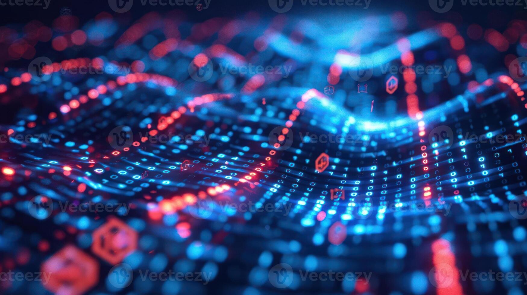 Abstract digital landscape with glowing blue and red data waves, showcasing technology and innovation photo