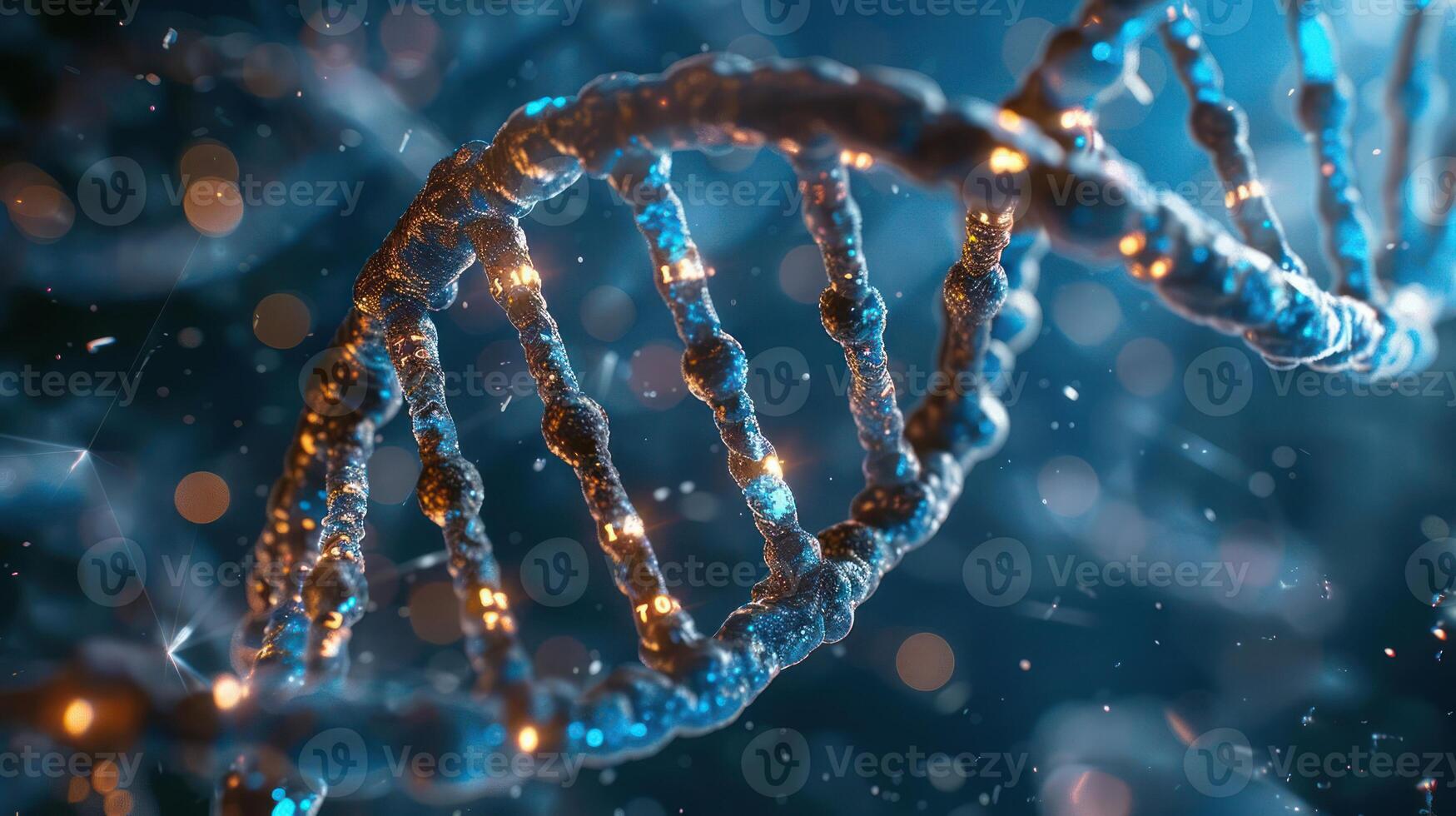Abstract representation of a DNA double helix illuminated with glowing particles in a dark background photo