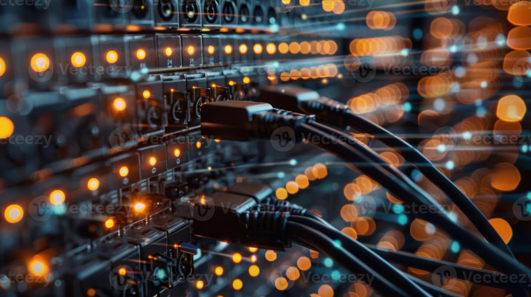 Close-up of interconnected cables and glowing lights in a data center, showcasing technology in action photo