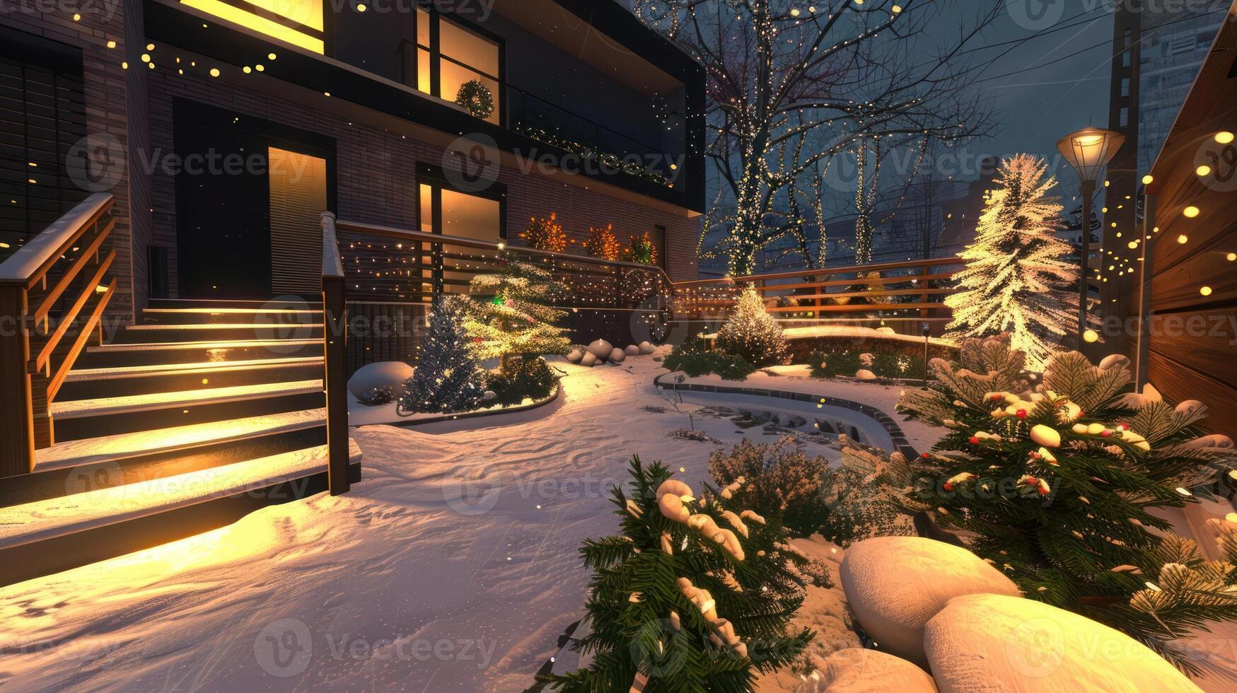 Snow-covered garden with festive lights and decorations beside a modern house at night photo