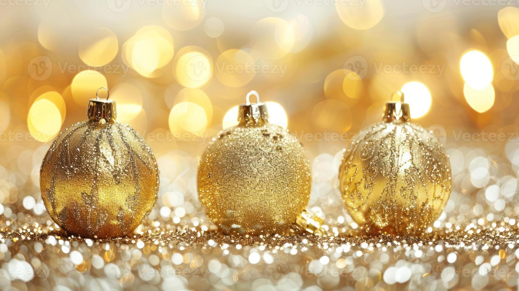 Three golden Christmas ornaments with intricate designs, set against a shimmering bokeh background photo
