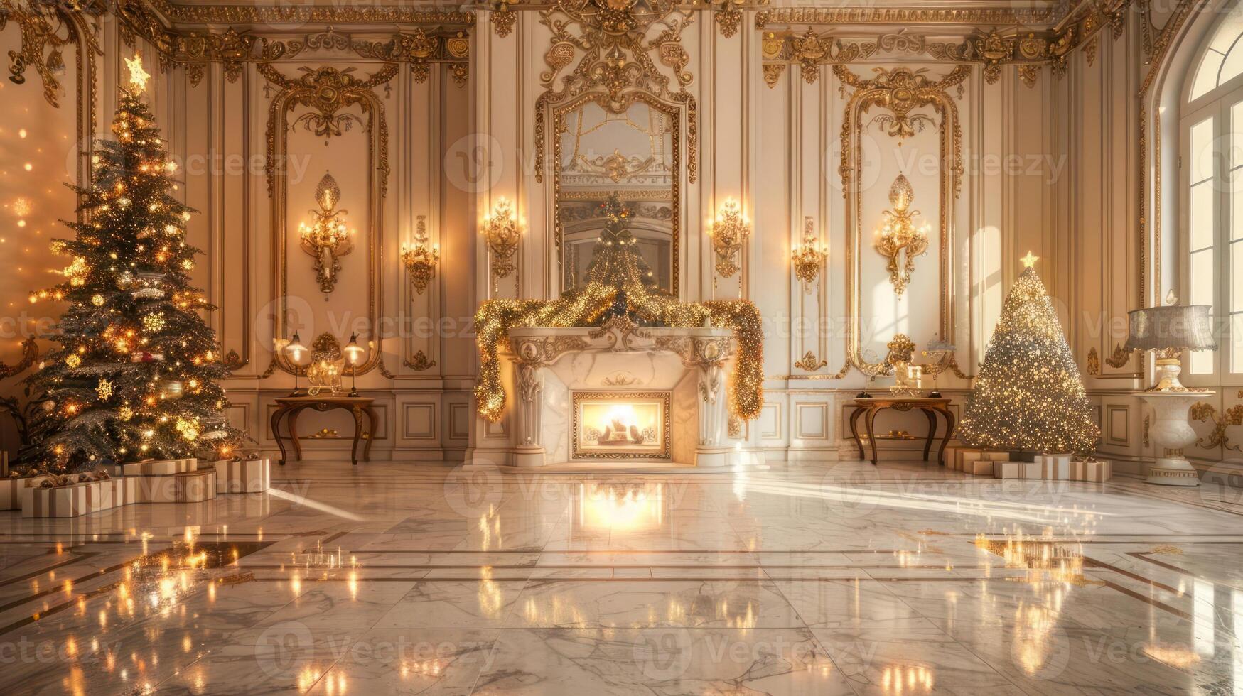 Elegant holiday interior with decorated Christmas trees, glowing fireplace, and ornate furnishings photo