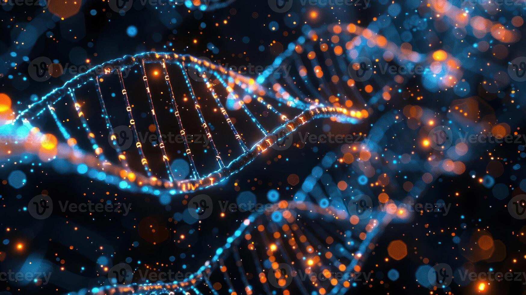Abstract representation of DNA strands illuminated by glowing particles against a dark background photo