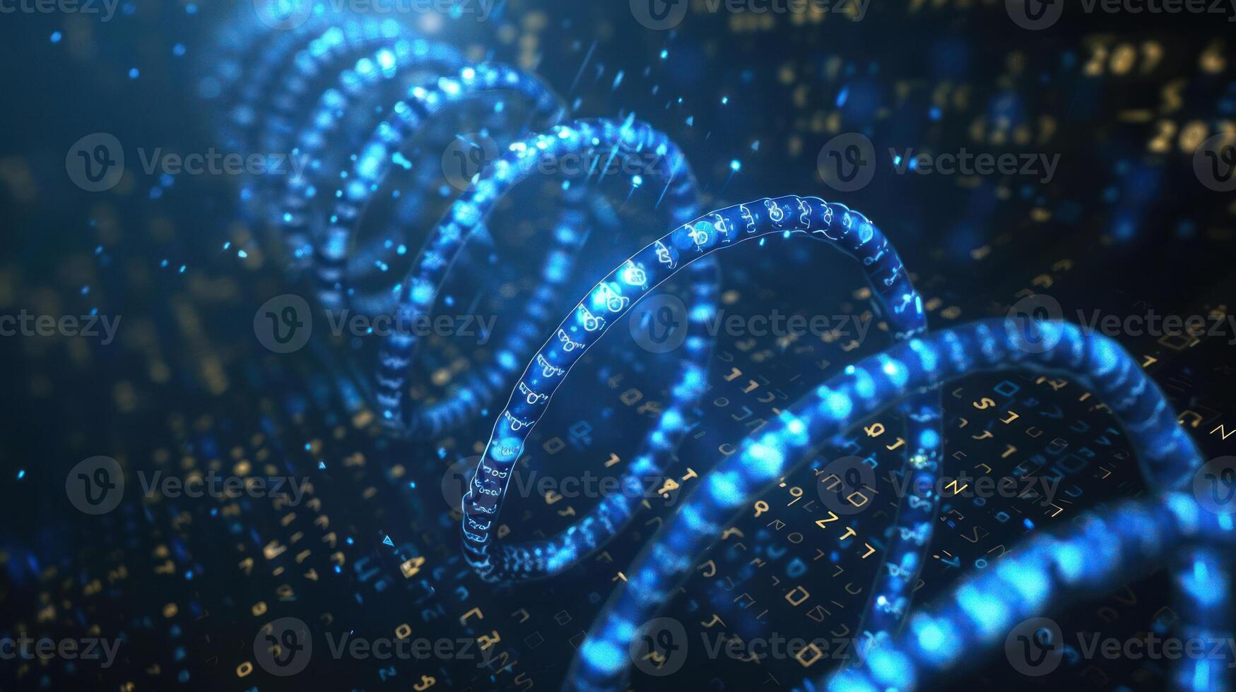 Abstract representation of a spiraling digital data stream with glowing blue elements and binary code photo