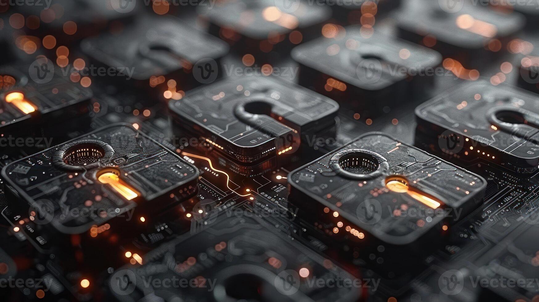 Abstract close-up of illuminated circuit board keys with glowing patterns and technology background photo