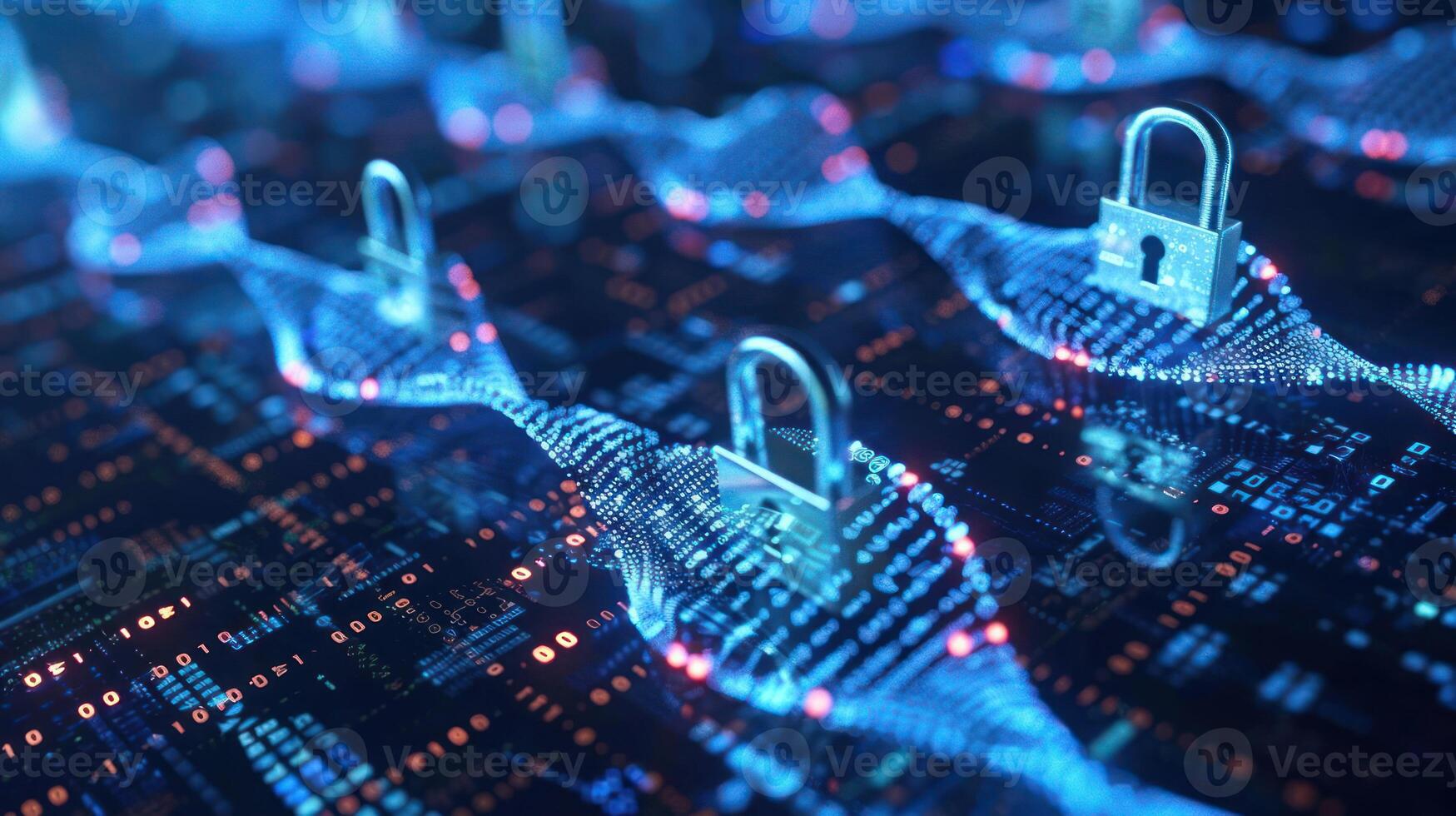 Abstract representation of digital security with locks over interconnected data waves in blue tones photo