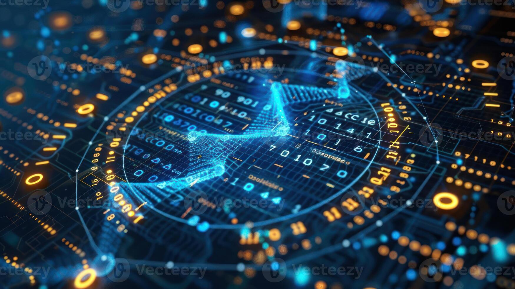 Abstract digital technology background with glowing circuits and binary code patterns photo