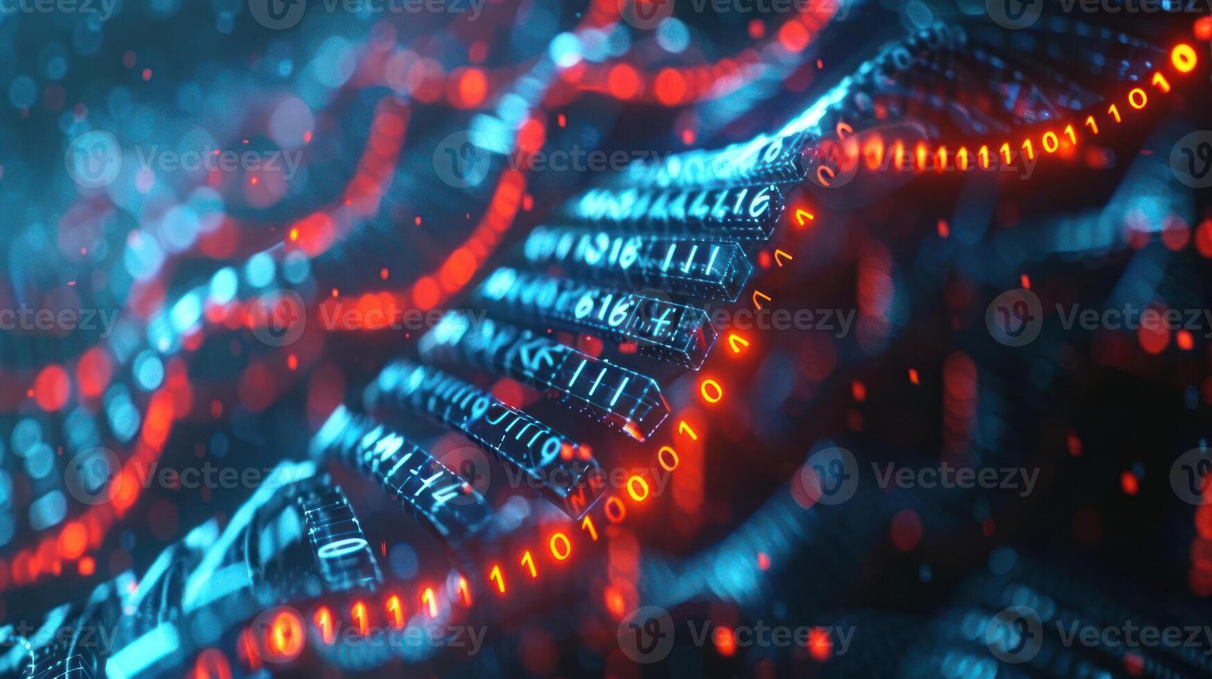 Abstract representation of binary data flowing through a digital landscape with glowing effects photo