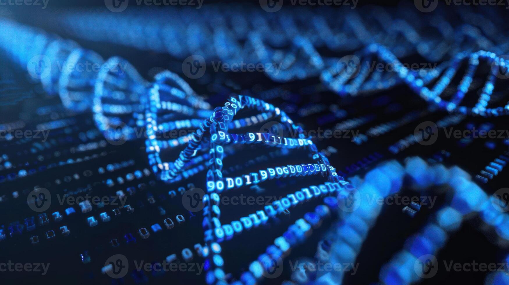 Abstract representation of DNA strands intertwined with digital binary code in a futuristic setting photo