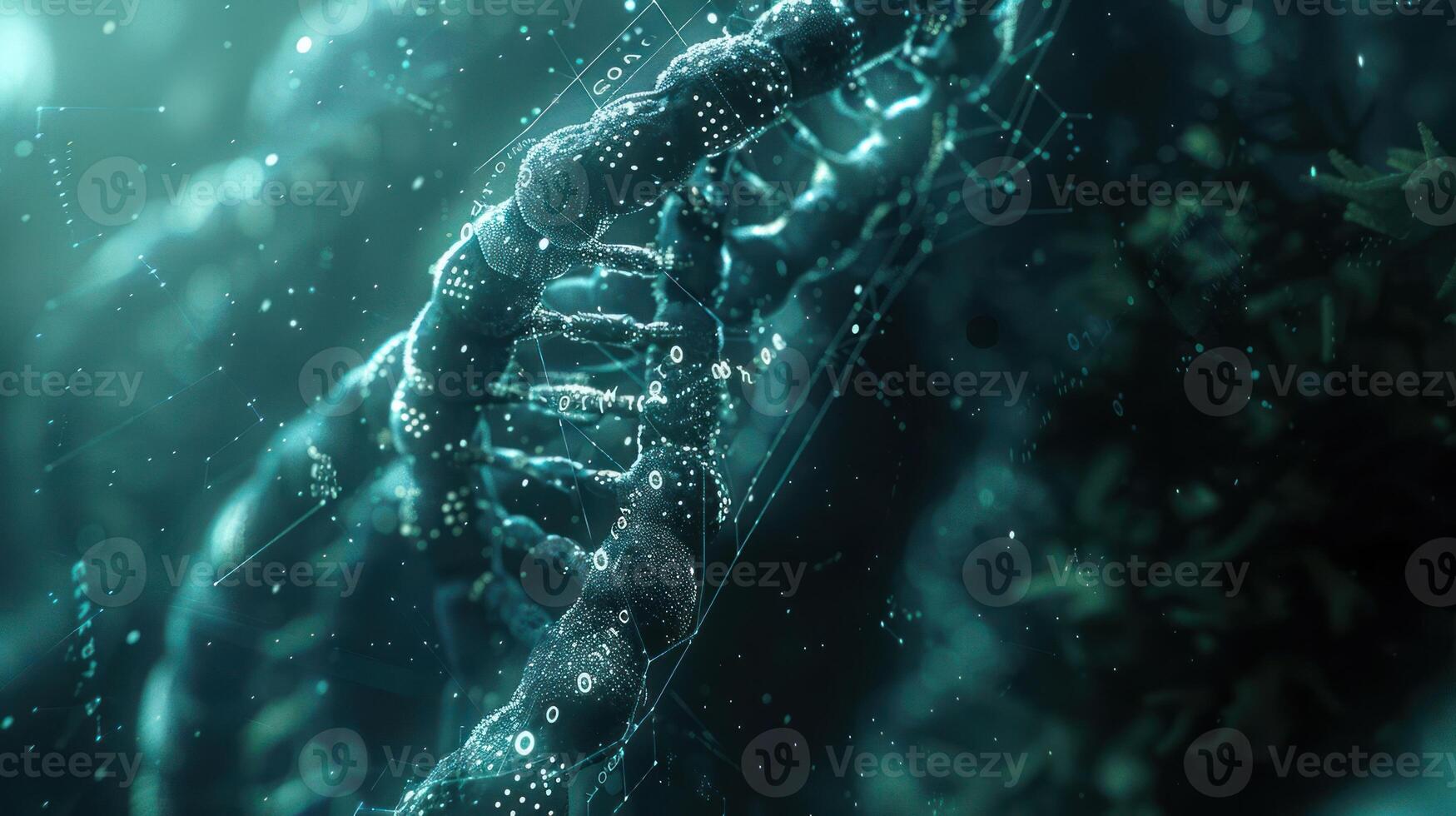 Close-up view of a DNA double helix structure with glowing particles in a dark environment photo
